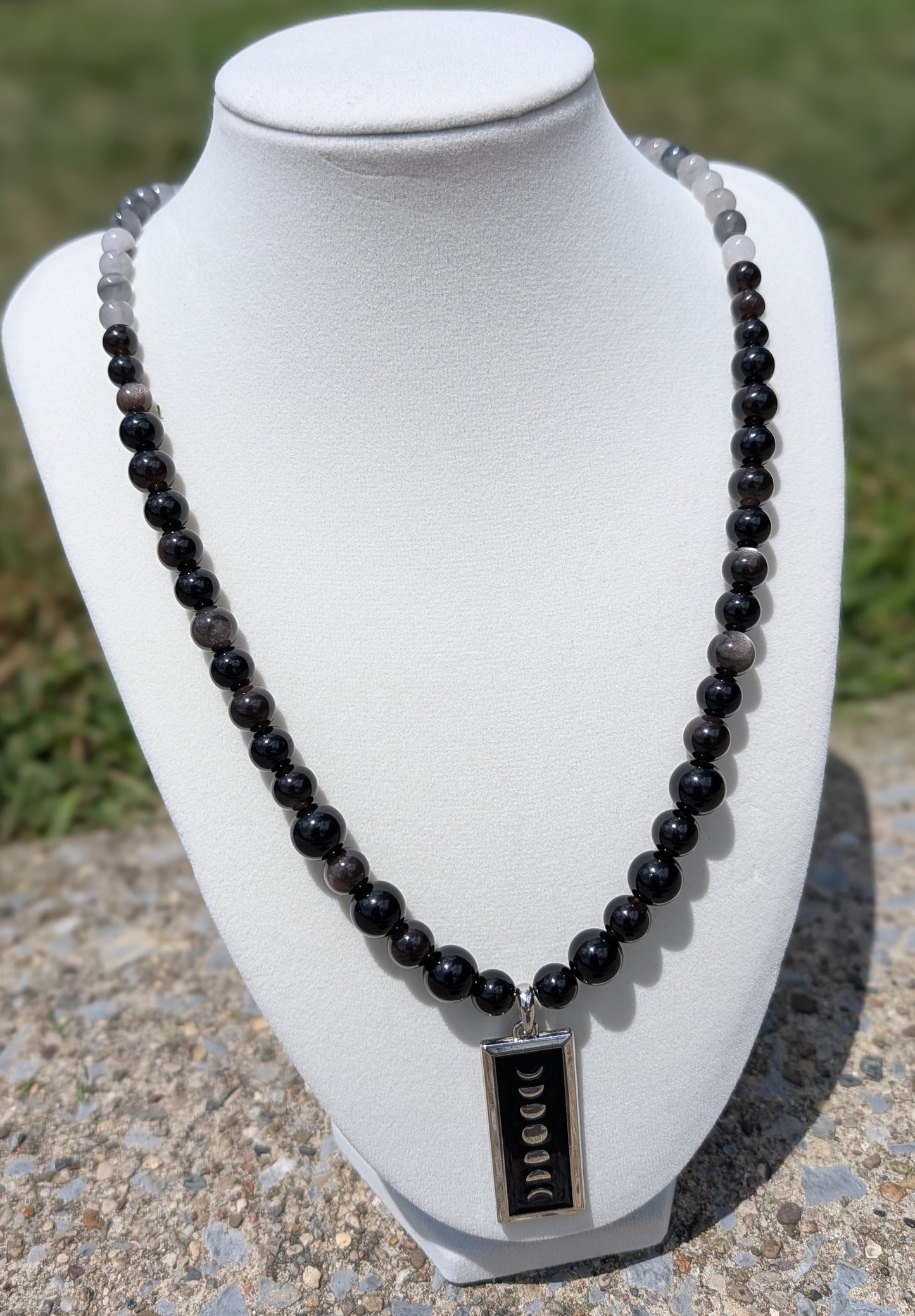 Lunar Cycle Reversible Necklace with Silver Obsidian