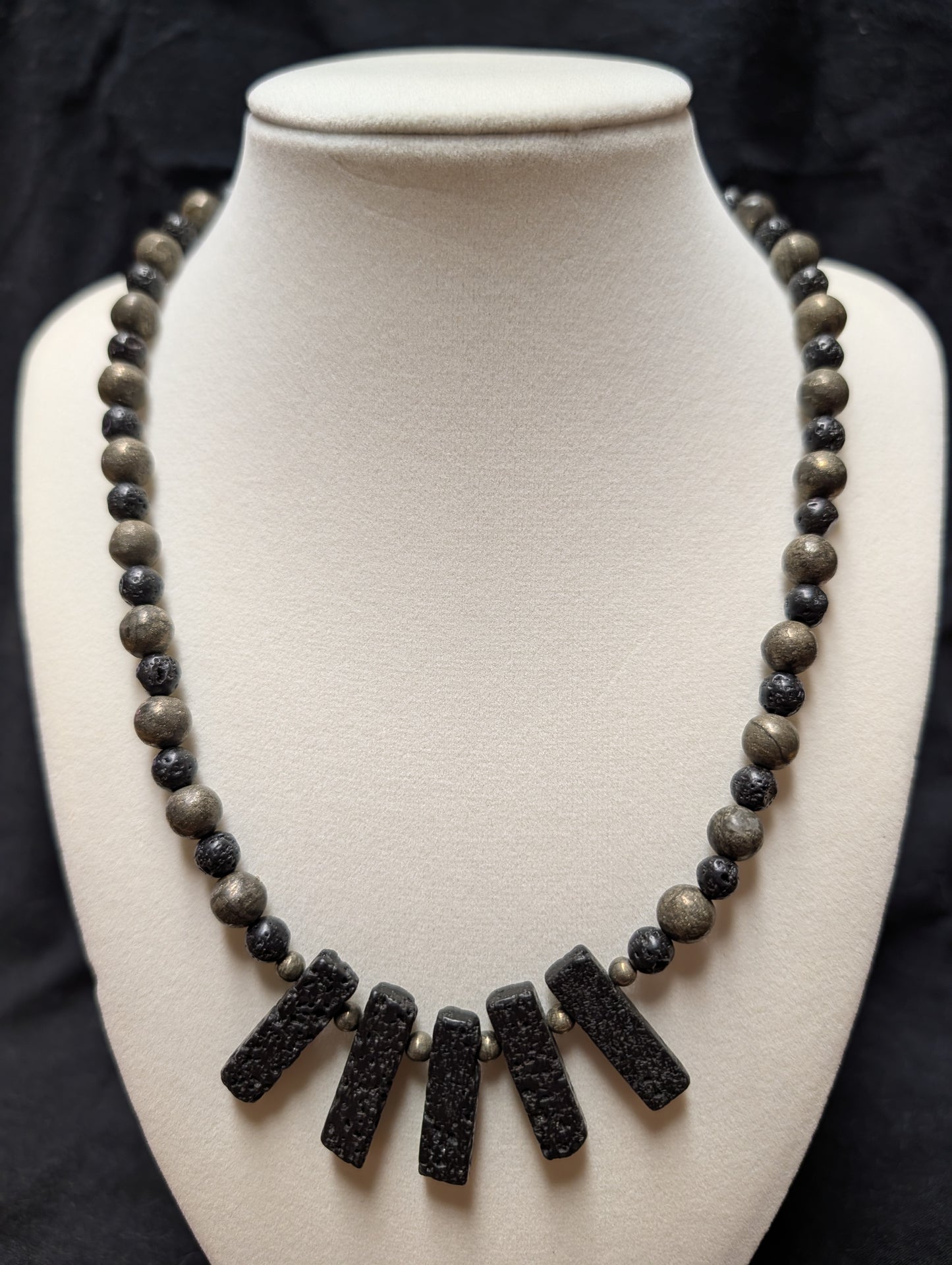 Volcanic Lava Stone & Metallic Pyrite Statement Bar Necklace