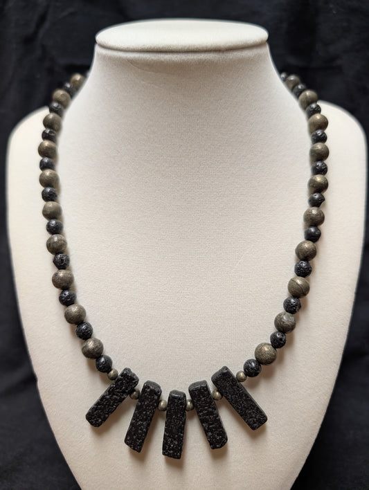 Volcanic Lava Stone & Metallic Pyrite Statement Bar Necklace