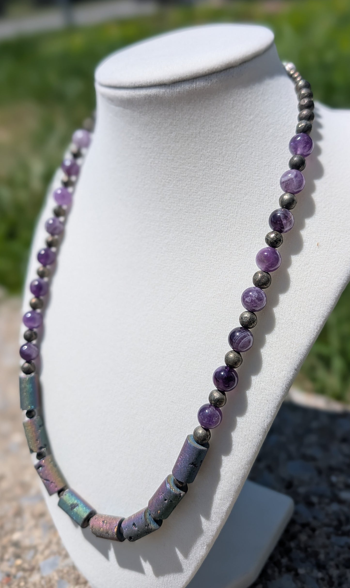 Druzy Agate, Amethyst and Pyrite Necklace