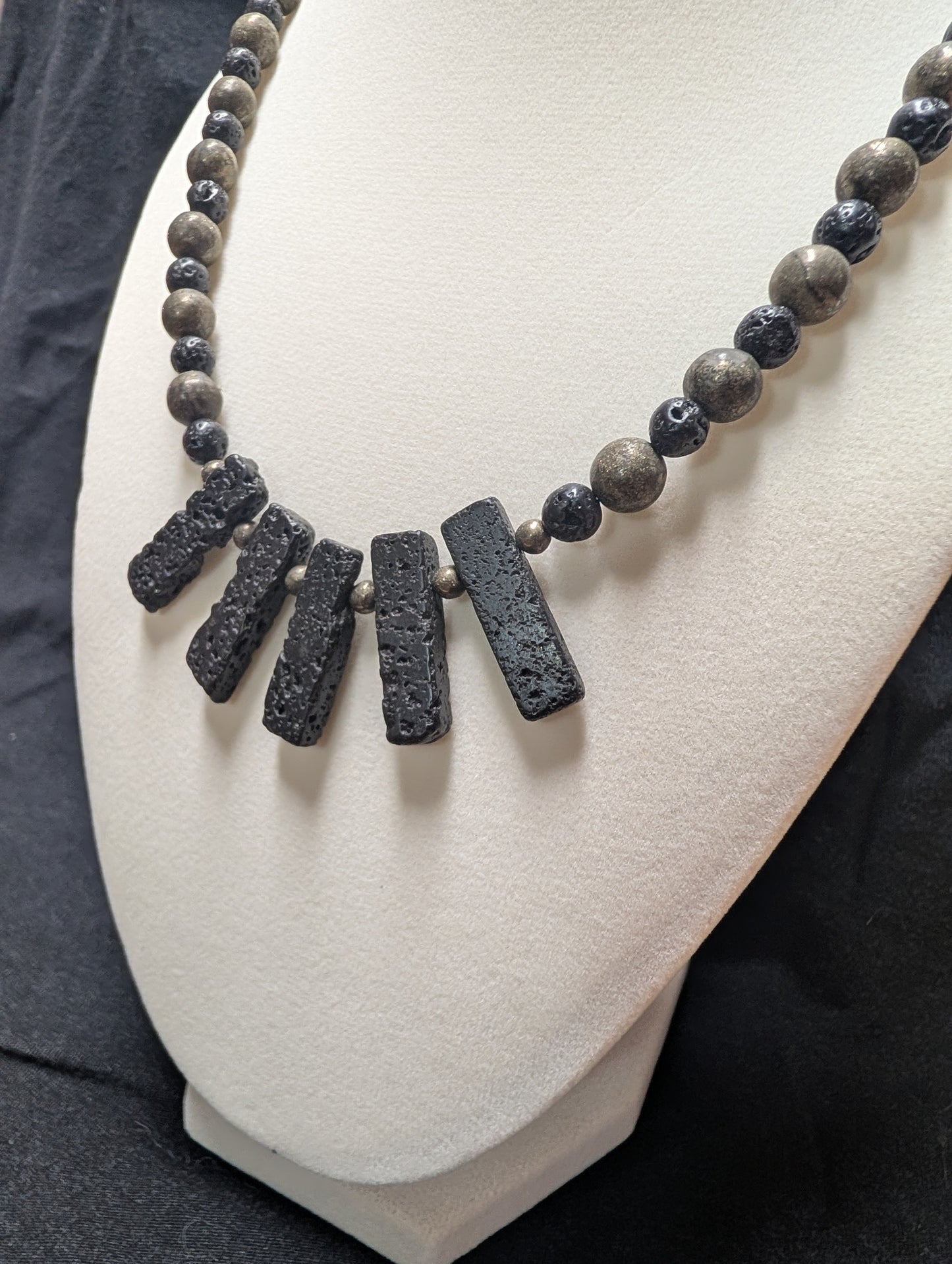 Volcanic Lava Stone & Metallic Pyrite Statement Bar Necklace