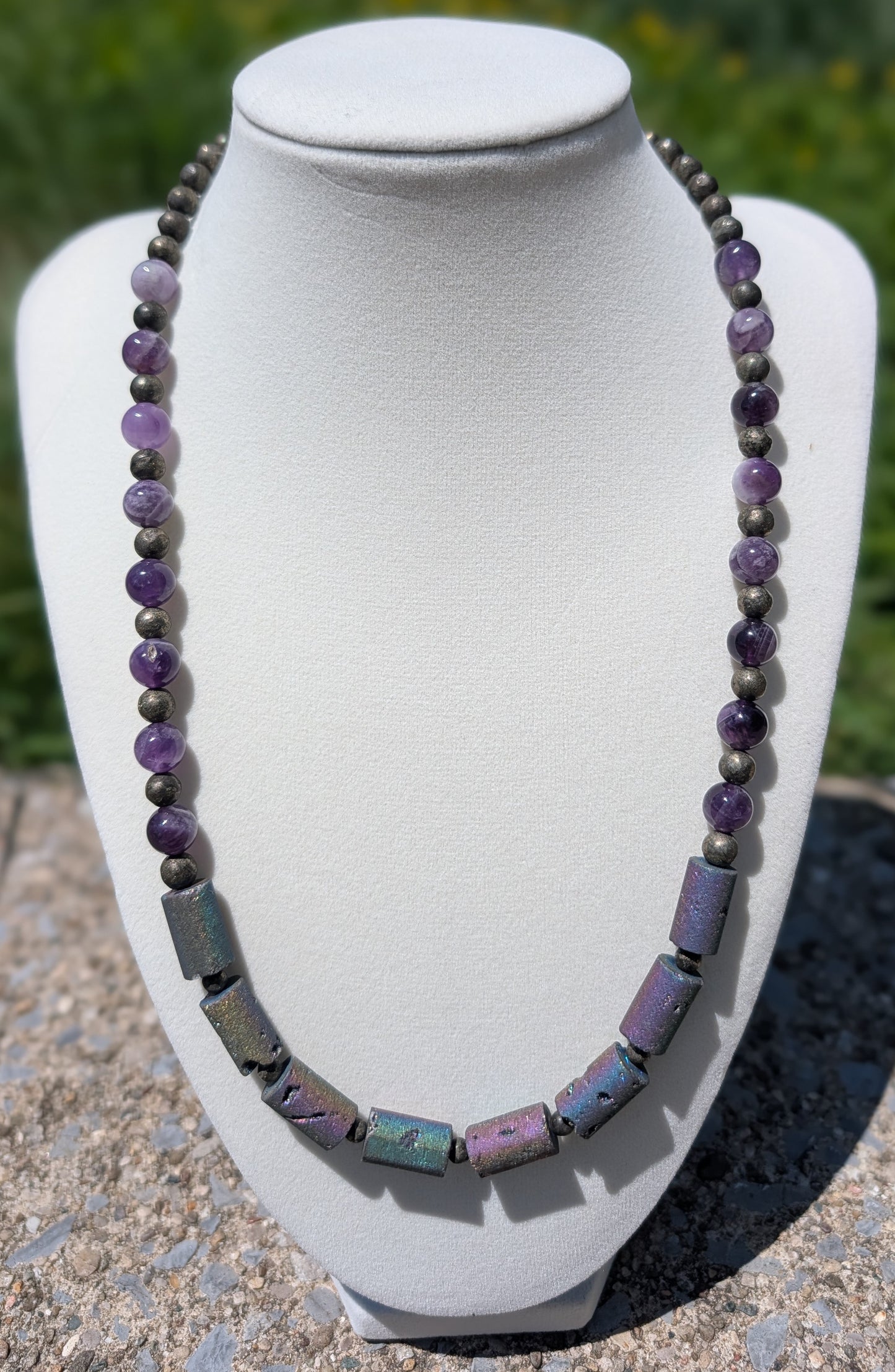 Druzy Agate, Amethyst and Pyrite Necklace