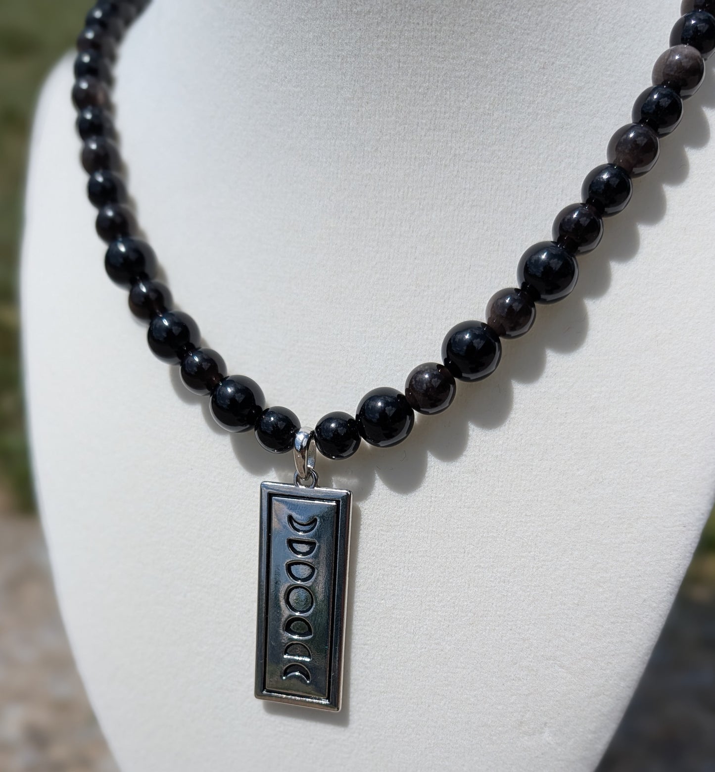 Lunar Cycle Reversible Necklace with Silver Obsidian