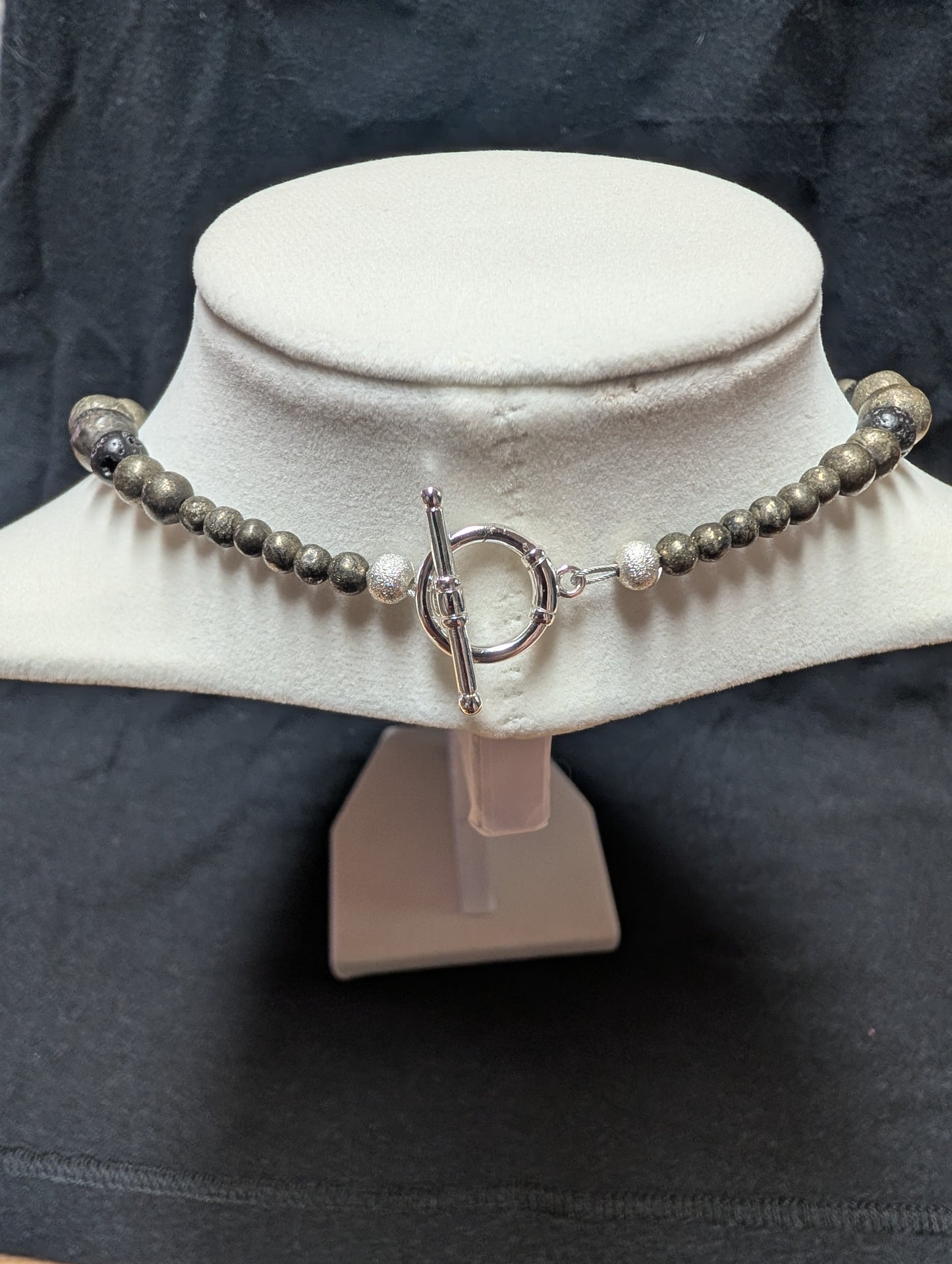 Volcanic Lava Stone & Metallic Pyrite Statement Bar Necklace